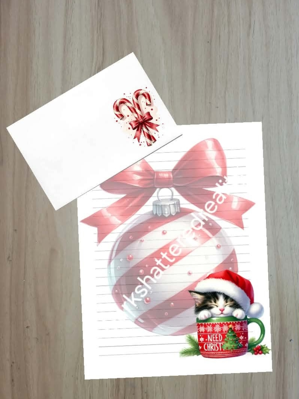 🖤NEW🖤 24pc Holiday Cat in Santa Mug Stationery  - Pink Ornament Design